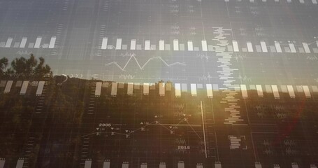 Displaying treeline and low hills at sunset in valley, overlaying translucent charts, 2005 2018