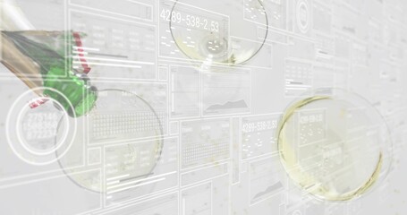Displaying glass petri dishes with pipette dropping green droplet on lab bench, floating UI panels