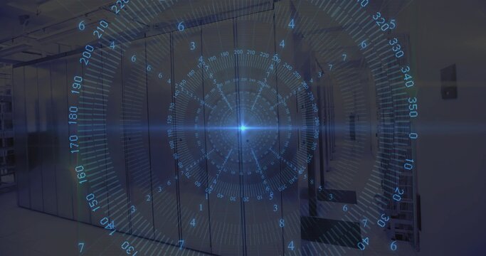 Projecting translucent blue circular holographic HUD in data center aisle, showing blue LEDs, racks - Powered by Adobe