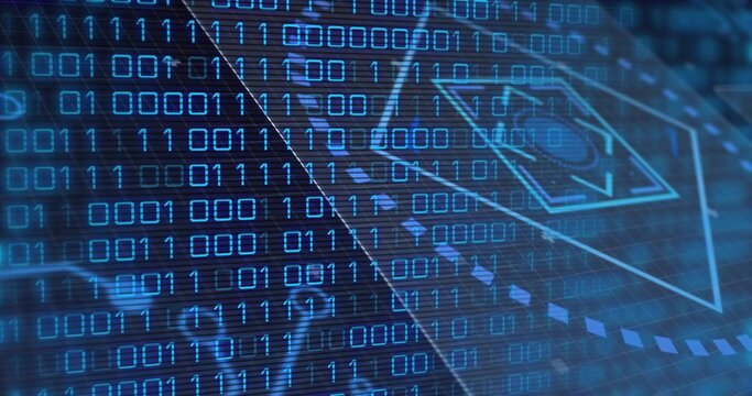 Displaying layered digital data visualization on screen, showing binary code grid and chip outline - Powered by Adobe
