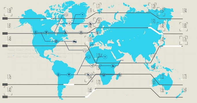 Displaying cyan world map showing regional data on beige grid, with connector lines, numeric labels