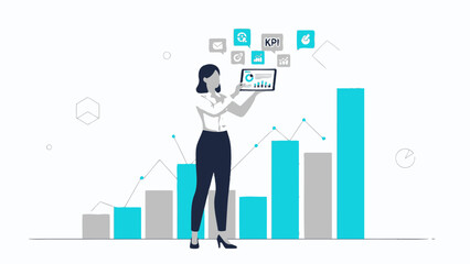Fototapeta premium Businesswoman holding tablet with KPI graph and analytics icons, data visualization concept