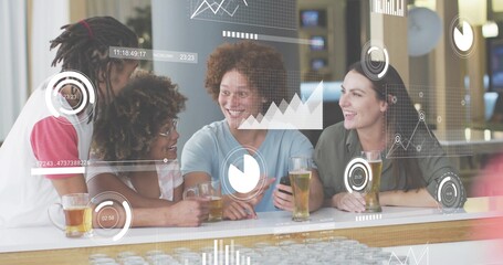 Chatting group leaning on wooden bar counter at pub, holding smartphone and pints with HUD overlays