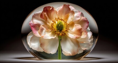 Delicate flower in a glass sphere. A beautiful, delicate flower, likely a peony or similar, is centered within a clear glass sphere. Soft lighting highlights the flower's intricate details
