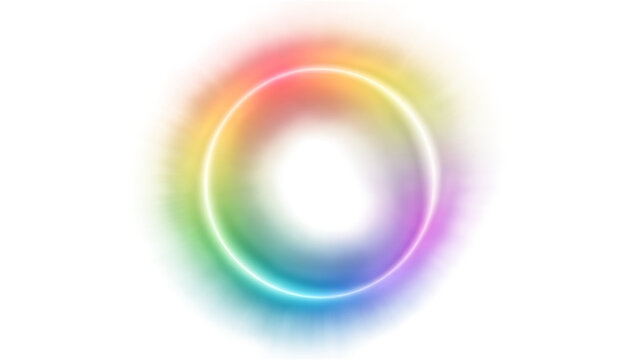Vibrant rainbow colored neon circle glowing on black background