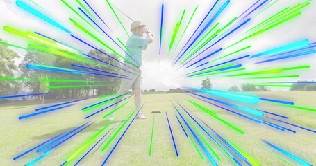 Swinging golfer in straw hat, light-blue polo on tee, with club, marker, radial streaks, copy space