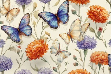 Elegant, chic, vintage seamless repeating pattern featuring butterflies fluttering gracefully,  wildflowers