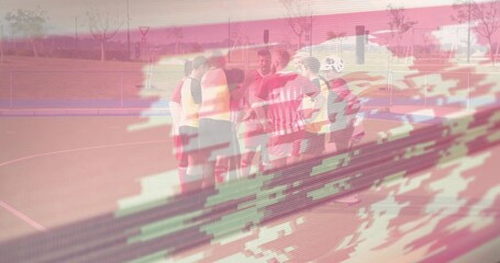 Fototapeta premium Grouping nine players wearing striped jerseys and bibs, forming circle on court lines, pixel glitch