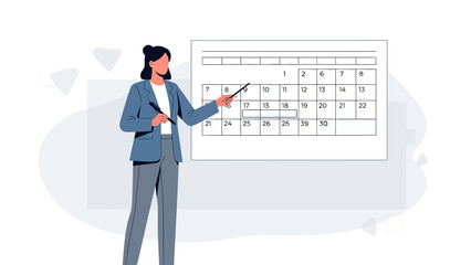 Businesswoman pointing at a calendar, planning and scheduling concept, flat illustration