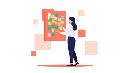 Businesswoman planning with sticky notes on a board, project management concept