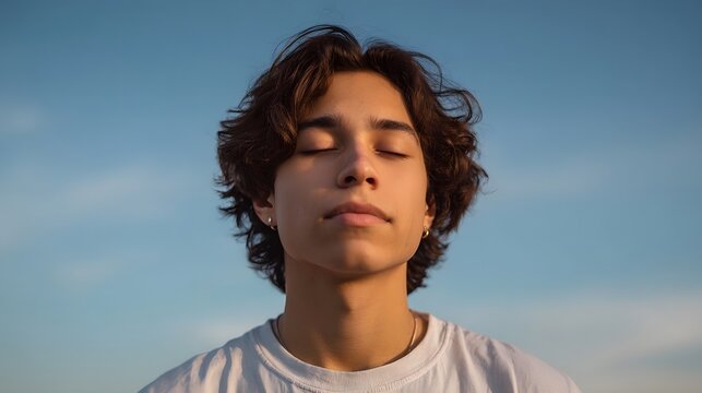 A young person with eyes closed peacefully meditating outdoors against a clear blue sky at dawn