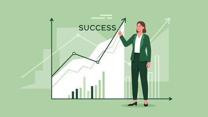 Businesswoman pointing at upward trending graph indicating success and growth