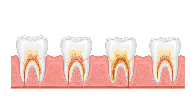 sequential four-panel vector diagram illustrating cross-section of human incisor tooth and periodontium degeneration (gingivitis, periodontitis, pyorrhea) against a white studio background.