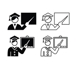 Graduation Teaching Icon Set Graduate Pointing at Whiteboard Silhouette and Outline Vector Illustration