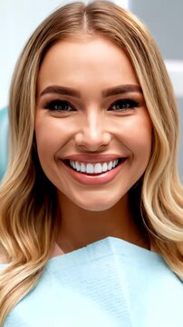 Smiling woman in dental chair with blue bib shows satisfaction after treatment, displaying healthy teeth and giving thumbs up in modern dentist cabinet with bright lighting