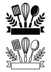 Kitchen Utensils Logo Emblem Spatula Whisk and Spoon Silhouette and Outline Vector Illustration