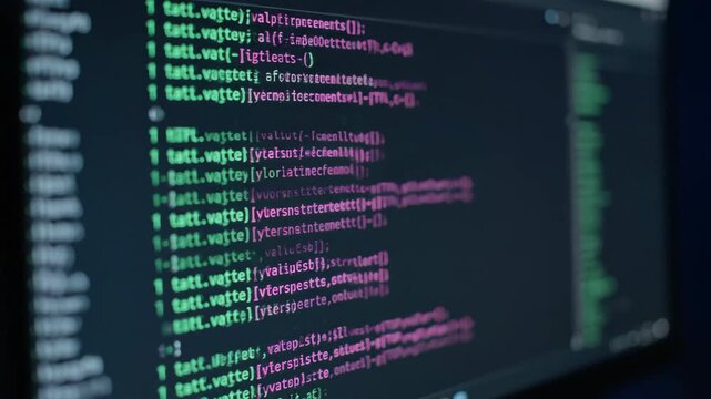 Close up on a computer screen showing lines of code with green and pink text on a dark background.