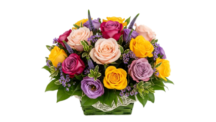 Colorful bouquet of roses in a green vase isolated on transparent background