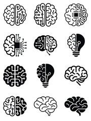 Artificial Intelligence Brain Icon Set Neural Networks and Human Intelligence Vector Illustration