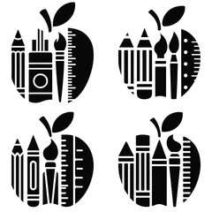 Education and Creativity Apple Icon Set School Supplies Silhouette Vector Illustration