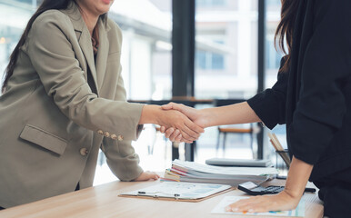 Deal Seal: Capturing a pivotal moment of business accord, a pair of professional women clasp hands, symbolizing partnership and a mutual pledge of cooperation.