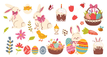 Set of Easter elements cute rabbits, basket, spring flowers, chicken, ribbons,  Easter cakes and eggs. Happy Easter. Collection of spring elements. Vector illustration