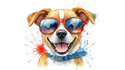 Smiling dog wearing trendy red sunglasses and blue collar