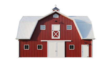 Red barn with snow on roof isolated on transparent background
