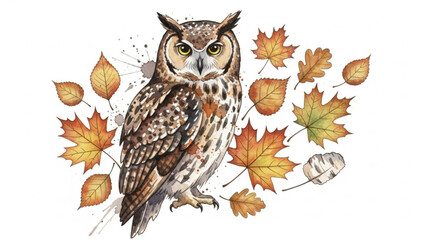 Autumn owl illustration with vibrant fall leaves and acorn © Yaseen764