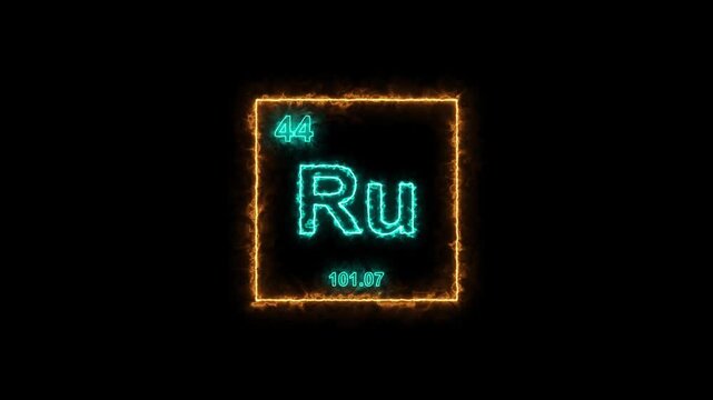 Ruthenium - periodic table element symbol hologram, chemical element Periodic Table, atomic weight element number ,glowing on black background in 4K.