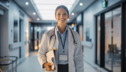 A smiling female doctor holds a medical chart and walks confidently through a modern hospital corridor, embodying professionalism and compassionate care.