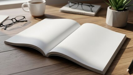 Warm, bright close-up of an open blank book mockup displaying clean white pages on a wooden desk with coffee and glasses.