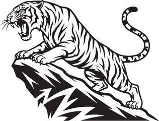 Powerful roaring tiger vector illustration on a jagged rock displaying dominance
