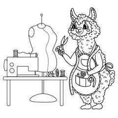 Vector illustration children's coloring book about professions. Linear alpaca tailor