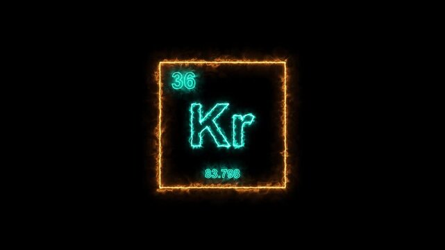 Krypton - periodic table element symbol hologram, chemical element Periodic Table, atomic weight element number ,glowing on black background in 4K.