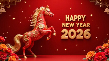 A red rearing horse shio symbol, lanterns, flowers, traditional banner frame - Happy Chinese New Year 2026 greeting, Year of the horse, Lunar celebration, chinese zodiac sign concept