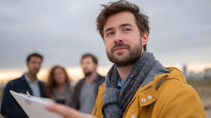 A man holding a clipboard looks thoughtfully upward while leading a group outdoors at twilight under an overcast sky