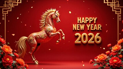 A red rearing horse shio symbol, lanterns, flowers, traditional banner frame - Happy Chinese New Year 2026 greeting, Year of the horse, Lunar celebration, chinese zodiac sign concept