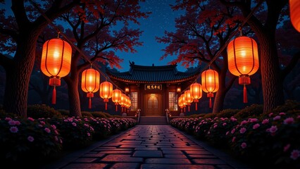 Traditional chinese pagoda temple, glowing oriental chinese lanterns, stone garden path, night - Chinese New Year decoration, Lunar celebration, spring festival, Beijing travel, luck, prosperity