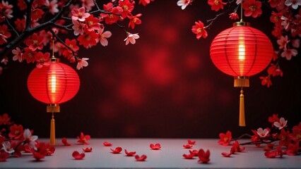 Mockup of hanging traditional red chinese lanterns, cherry blossoms, copy space - Chinese New Year greeting, Lunar celebration, template, frame, border, banner, display, advertising, sale