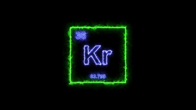 Krypton - periodic table element symbol hologram, chemical element Periodic Table, atomic weight element number ,glowing on black background in 4K.