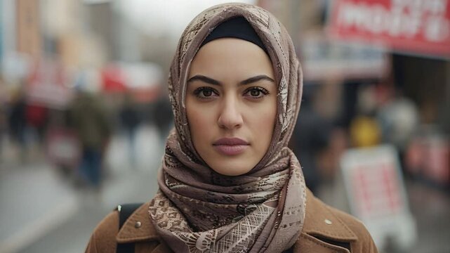 A woman in a hijab stands on a busy street. She looks directly forward as people walk past her. Signs and posters are visible in the background. The scene takes place in a city