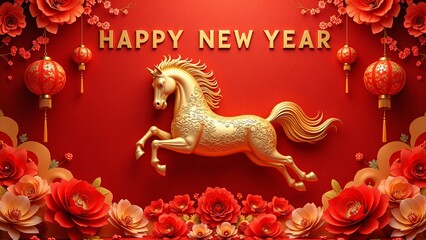A gold rearing horse shio symbol, lanterns, flowers, traditional banner frame - Happy Chinese New Year 2026 greeting, Year of the horse, Lunar celebration, chinese zodiac sign concept