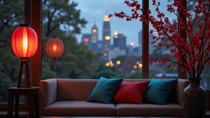 Modern living room interior design : glowing chinese lantern, cozy sofa, window, urban city skyline, cherry blossom branches, indoors - Chinese New Year decoration, Lunar celebration, Asian home decor