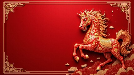 A red rearing horse shio symbol, copy space - Happy Chinese New Year 2026 greeting, Year of the horse, Lunar celebration, mockup, template, frame, border, banner, poster, chinese zodiac sign concept