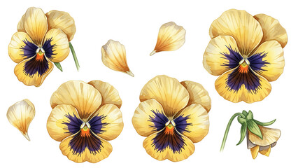 A collection of yellow pansy flowers and their parts displayed against a white background