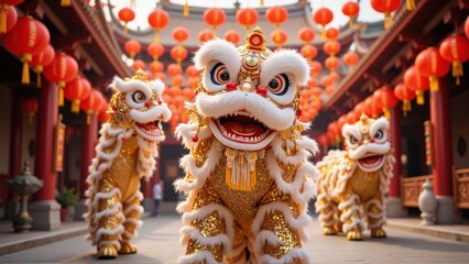 Portrait of three traditional chinese lion dance costumes performance, chinese pagoda temple, red chinese lantern - Chinese New Year 2026 celebration, Lunar, Beijing travel, tourism, luck, prosperity