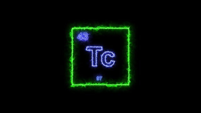 Technetium - periodic table element symbol hologram, chemical element Periodic Table, atomic weight element number ,glowing on black background in 4K.