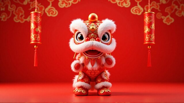 3d cute miniature chinese lion dance cartoon character, isolated on red studio background - Chinese New Year celebration, Lunar, spring festival, mascot symbol, luck, prosperity concept