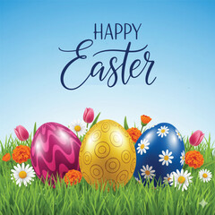 Joyful happy easter greeting with beautifully decorated eggs among blooming flowers in green grass